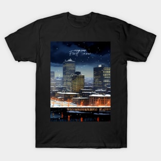 Portland Oregon First Snow: First Snow Scene in Downtown Portland, Oregon on a Dark Background T-Shirt